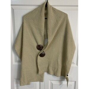 Cable Knit Sweater Poncho Shawl Cape Wooden Buttons Beige One Size